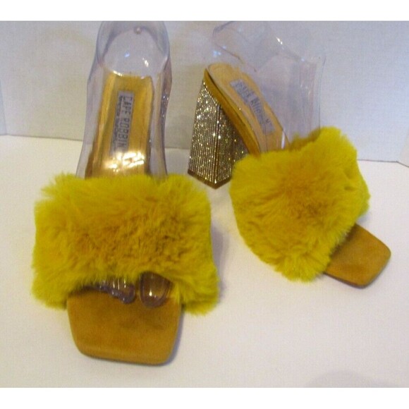 Cape Robbin Heels Yellow Plush Fluffy Rhinestone Heels Sherpa Mules Womens Sz 8 - Picture 4 of 10